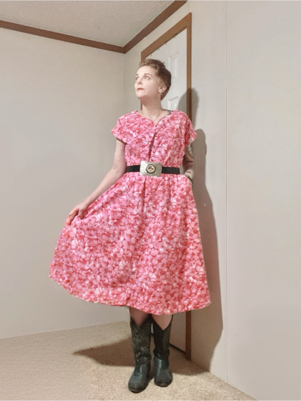 Antique L/XL 1940’s/Early 50’s Pink Floral Midi Day Dress